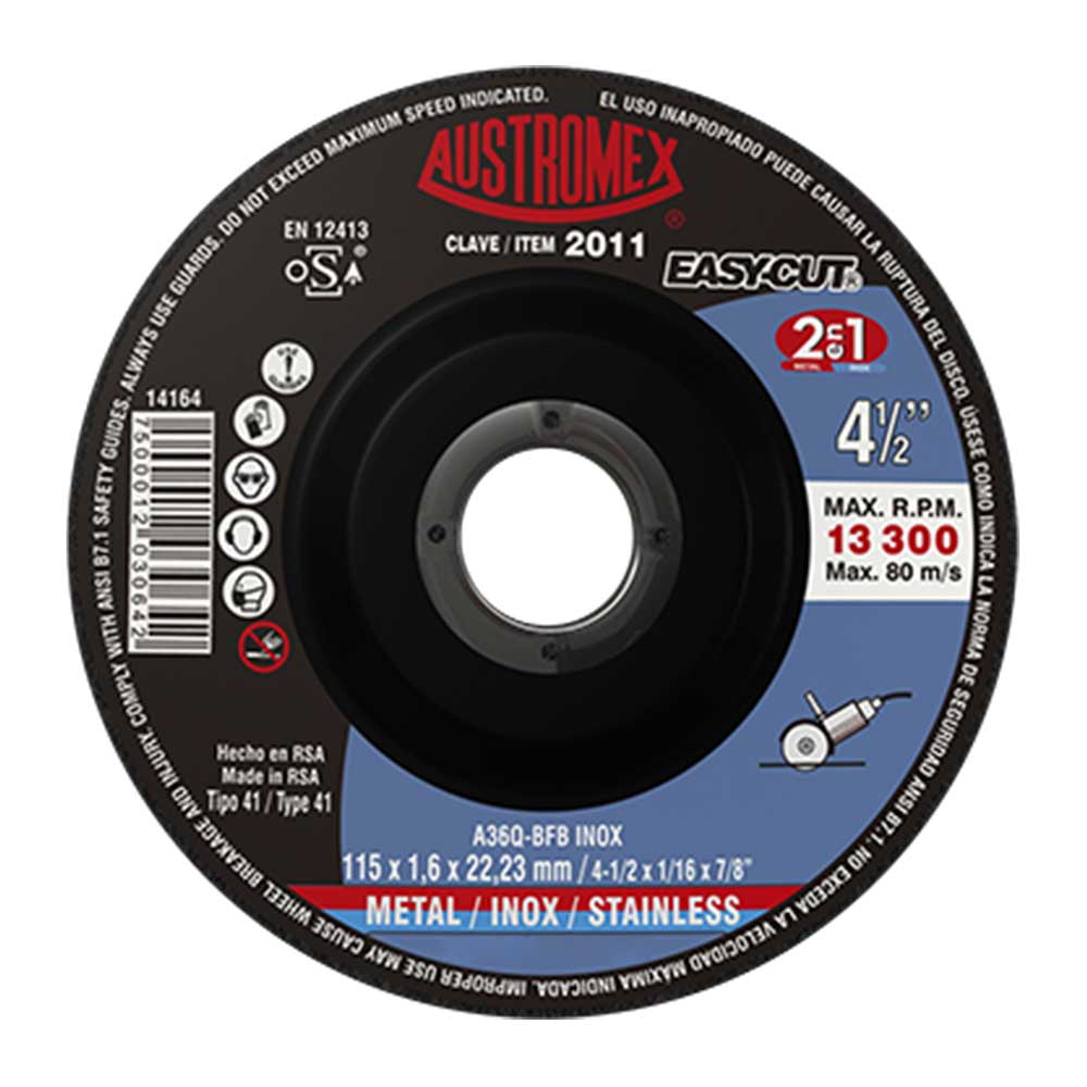 DISCO DE CORTE 2 EN 1 PARA ACERO AL CARBON Y ACERO INOXIDABLE DE 115 X 1.6 X 22.23, EASY CUT