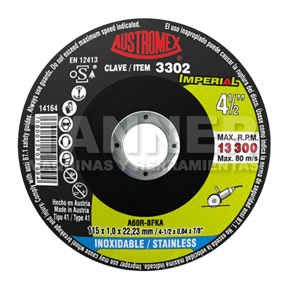 DISCO DE CORTE PARA ACERO INOXIDABLE DE 115 X 1.0 X 22.23, IMPERIAL 