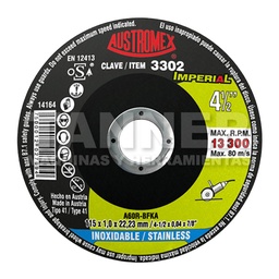 [AUS3302] DISCO DE CORTE PARA ACERO INOXIDABLE DE 115 X 1.0 X 22.23, IMPERIAL 